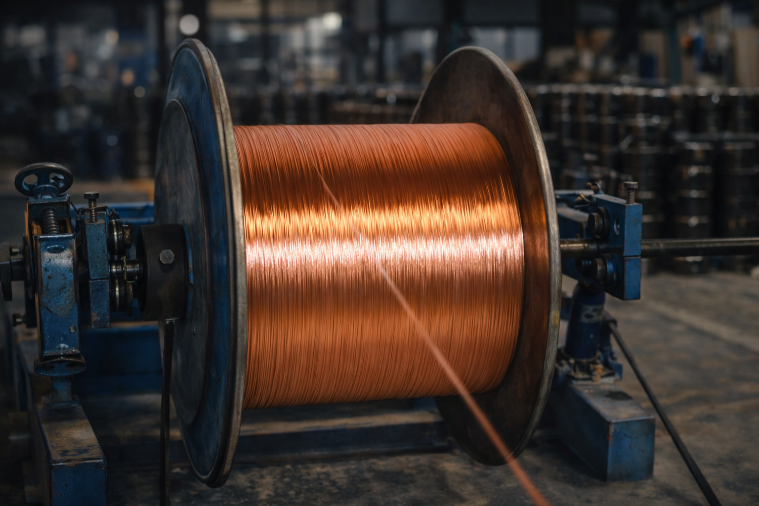 Copper wire spool ready for cable production